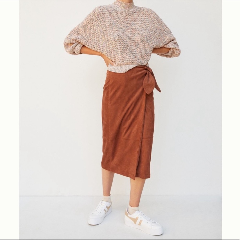 Anthropologie, brown suede wrap midi skirt, NWT